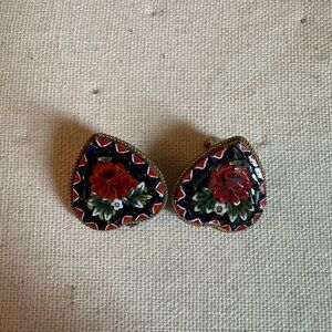 Vintage Micro Mosaic Heart-Shaped Floral Earrings -